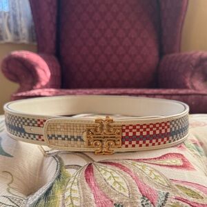 Tory Burch Colorful Checkered Woven Belt with Gold Buckle